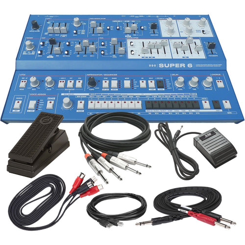 Collage showing components in UDO Audio Super 6 Desktop 12-Voice Polyphonic Synthesizer CABLE KIT