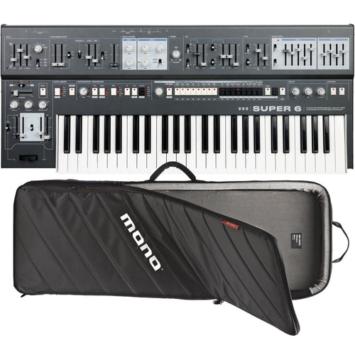 Collage showing components in UDO Audio Super 6 12-Voice Polyphonic Keyboard Synthesizer - Black CARRY BAG KIT
