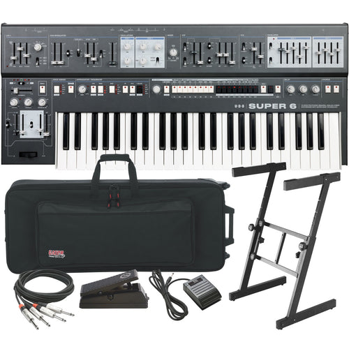 Collage showing components in UDO Audio Super 6 12-Voice Polyphonic Keyboard Synthesizer - Black STAGE RIG