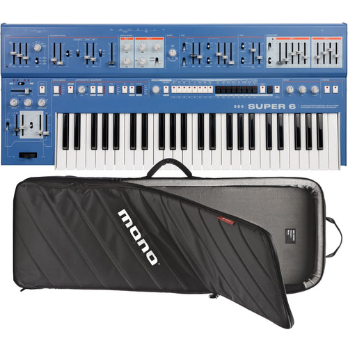 Collage showing components in UDO Audio Super 6 12-Voice Polyphonic Keyboard Synthesizer - Blue CARRY BAG KIT