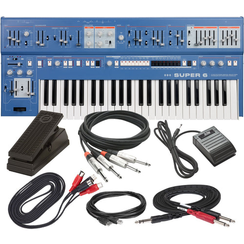 Collage showing components in UDO Audio Super 6 12-Voice Polyphonic Keyboard Synthesizer - Blue CABLE KIT