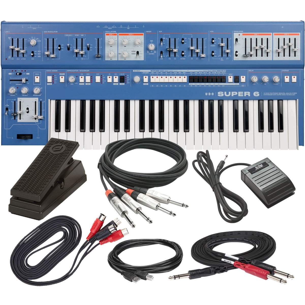 Collage showing components in UDO Audio Super 6 12-Voice Polyphonic Keyboard Synthesizer - Blue CABLE KIT