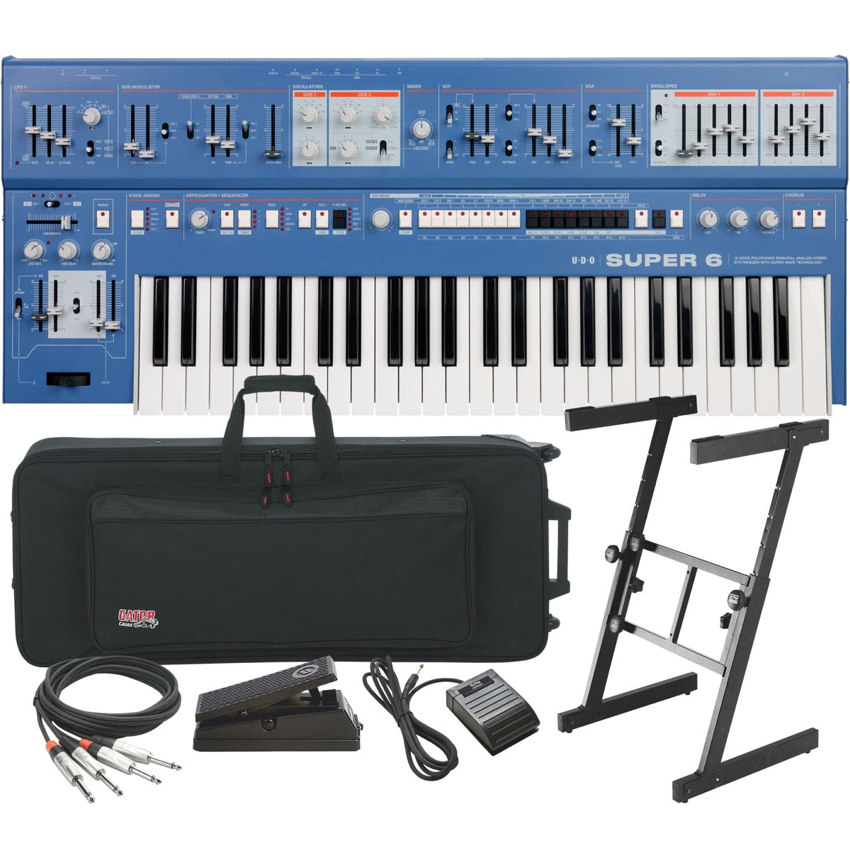 Collage showing components in UDO Audio Super 6 12-Voice Polyphonic Keyboard Synthesizer - Blue STAGE RIG