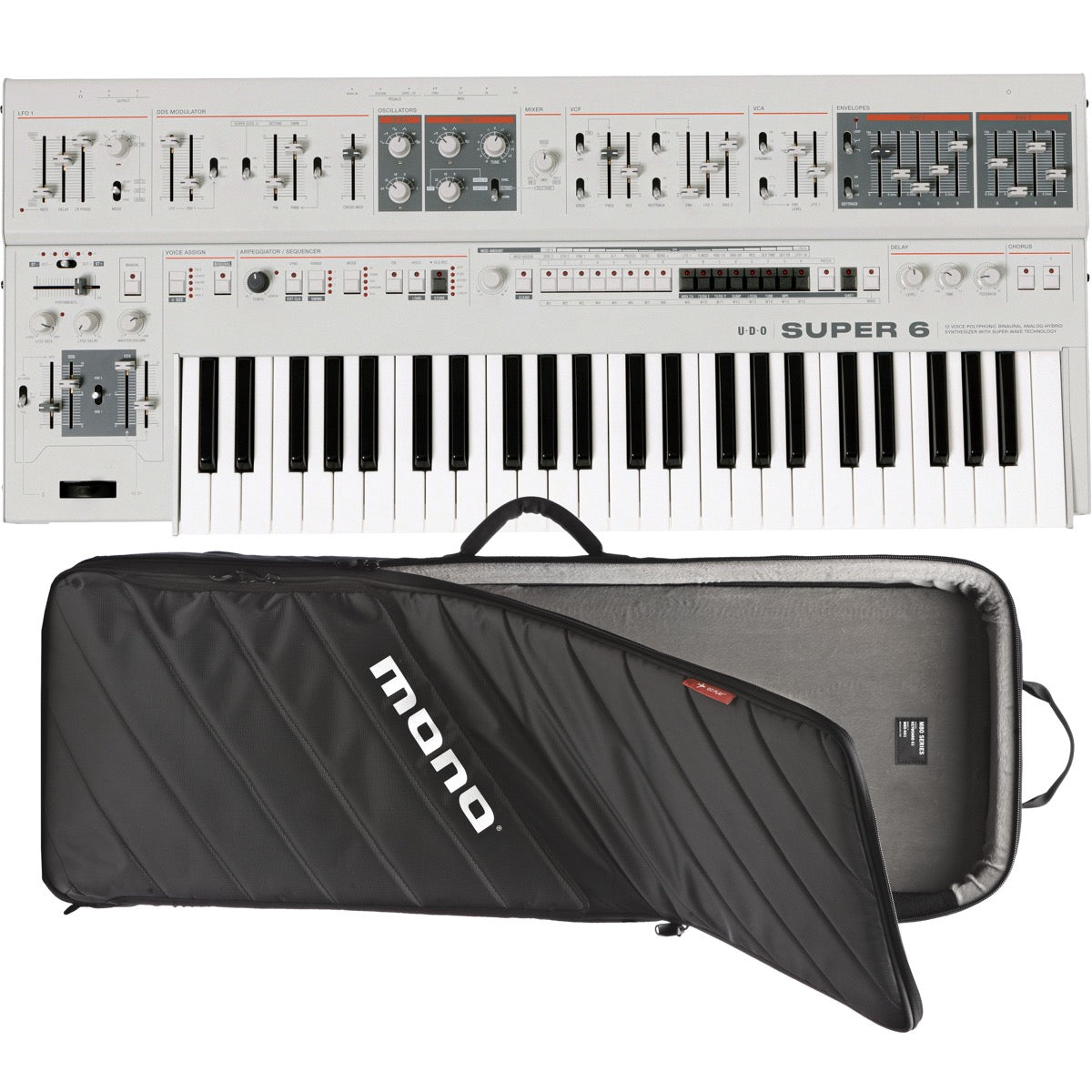 Collage showing components in UDO Audio Super 6 12-Voice Polyphonic Keyboard Synthesizer - White CARRY BAG KIT