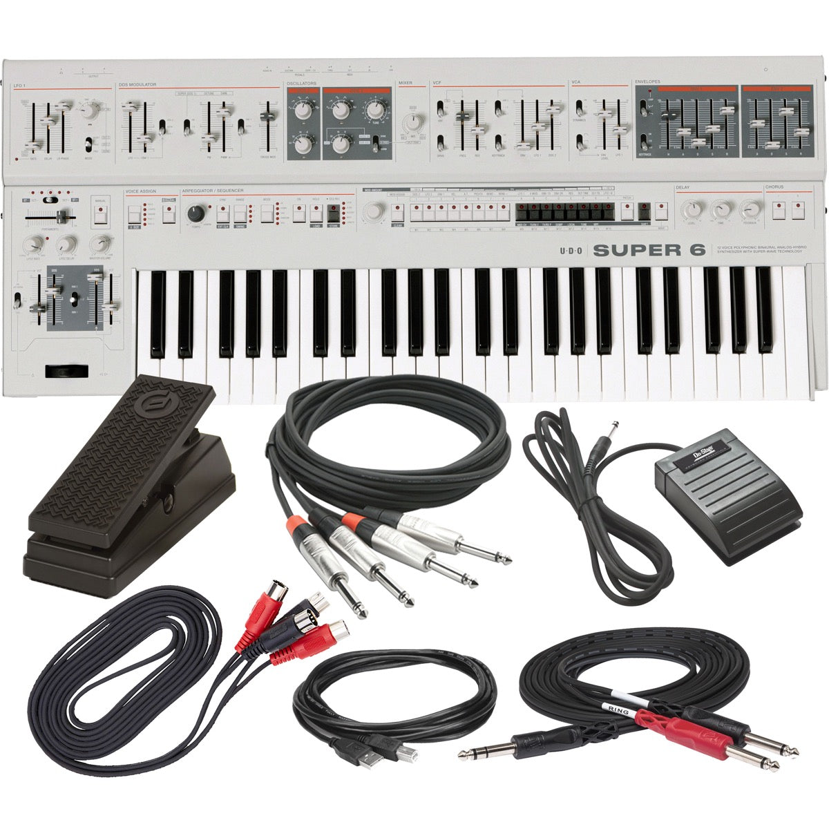 Collage showing components in UDO Audio Super 6 12-Voice Polyphonic Keyboard Synthesizer - White CABLE KIT