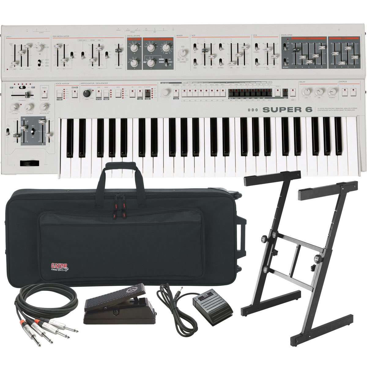 Collage showing components in UDO Audio Super 6 12-Voice Polyphonic Keyboard Synthesizer - White STAGE RIG