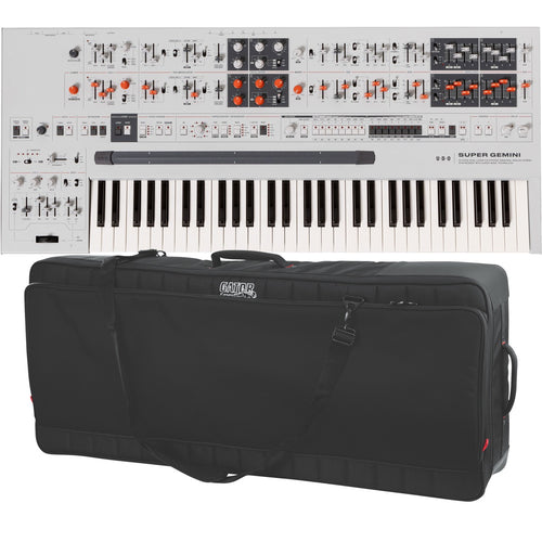Collage showing components in UDO Audio Super Gemini 20-Voice Bi-Timbral Keyboard Synthesizer CARRY BAG KIT