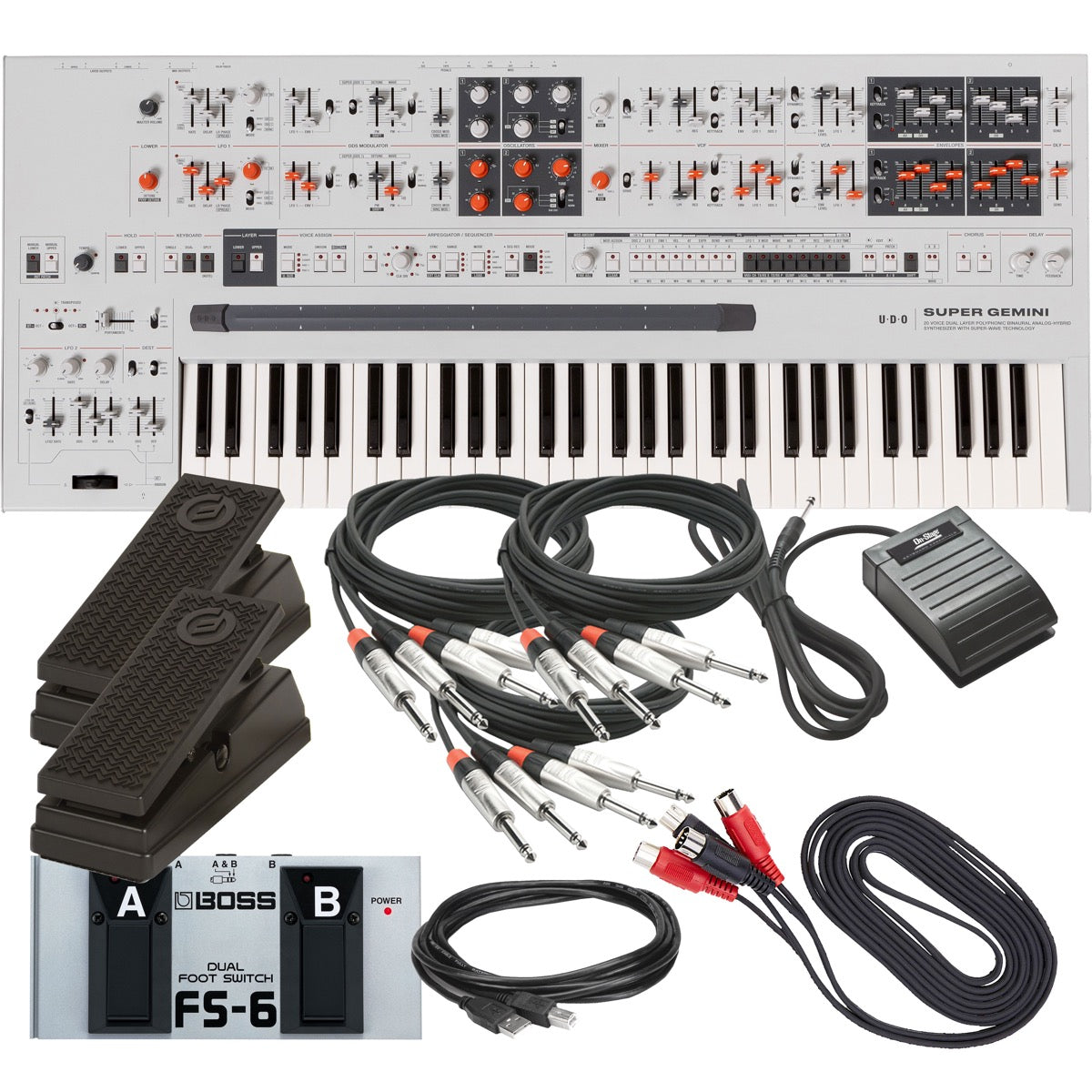 Collage showing components in UDO Audio Super Gemini 20-Voice Bi-Timbral Keyboard Synthesizer CABLE KIT