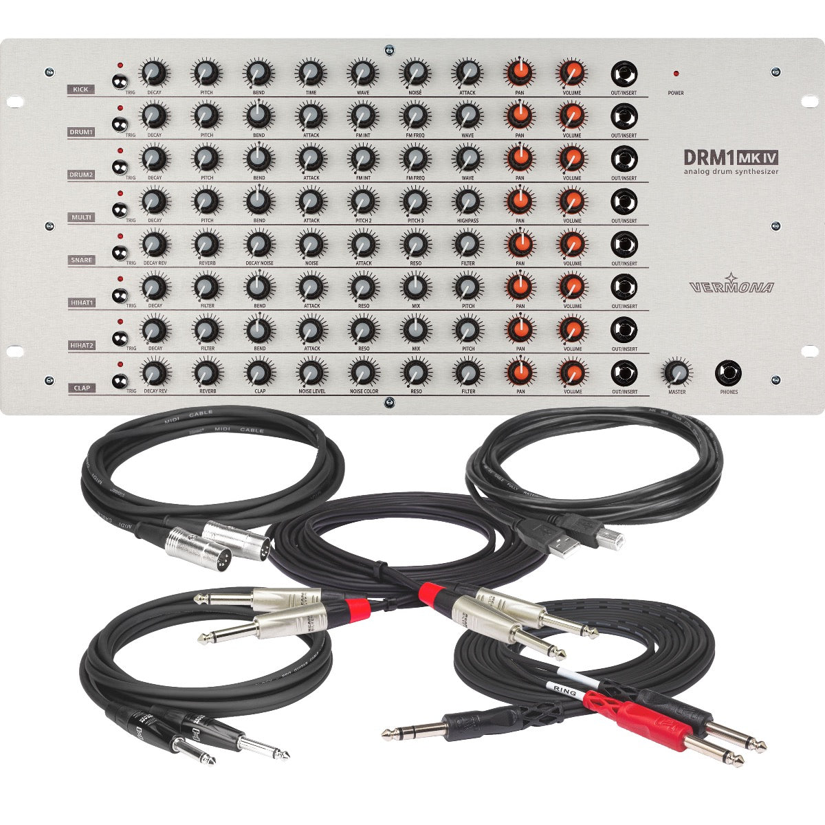 Bundle collage image of Vermona DRM1 MKIV Analog Drum Synthesizer with Trigger Inputs CABLE KIT bundle