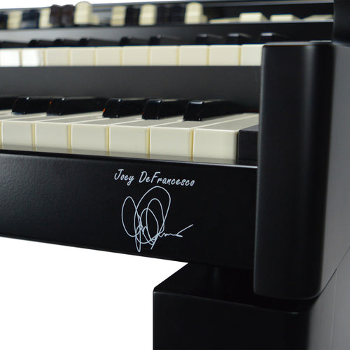 Close-up of Joey DeFrancesco's signature on the Viscount Legend Joey DeFrancesco Signature Organ