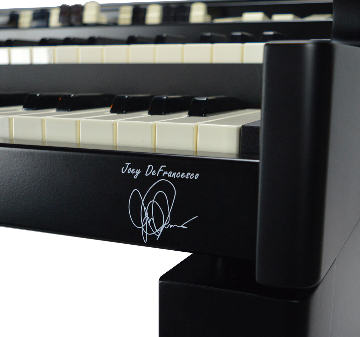Close-up of Joey DeFrancesco's signature on the Viscount Legend Joey DeFrancesco Signature Organ