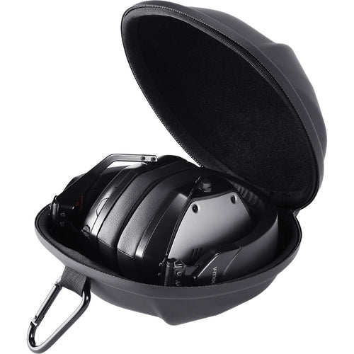 3/4 view of folded V-Moda M-200 ANC Noise Cancelling Wireless Bluetooth Headphones - Black in open case showing top, front and right side
