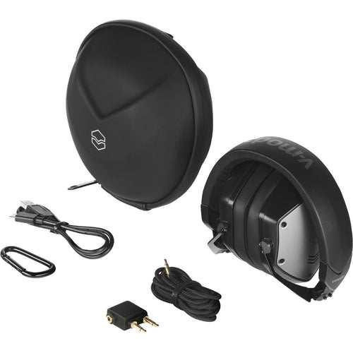 3/4 view of V-Moda M-200 ANC Noise Cancelling Wireless Bluetooth Headphones - Black and all included accessories showing front, top and right side