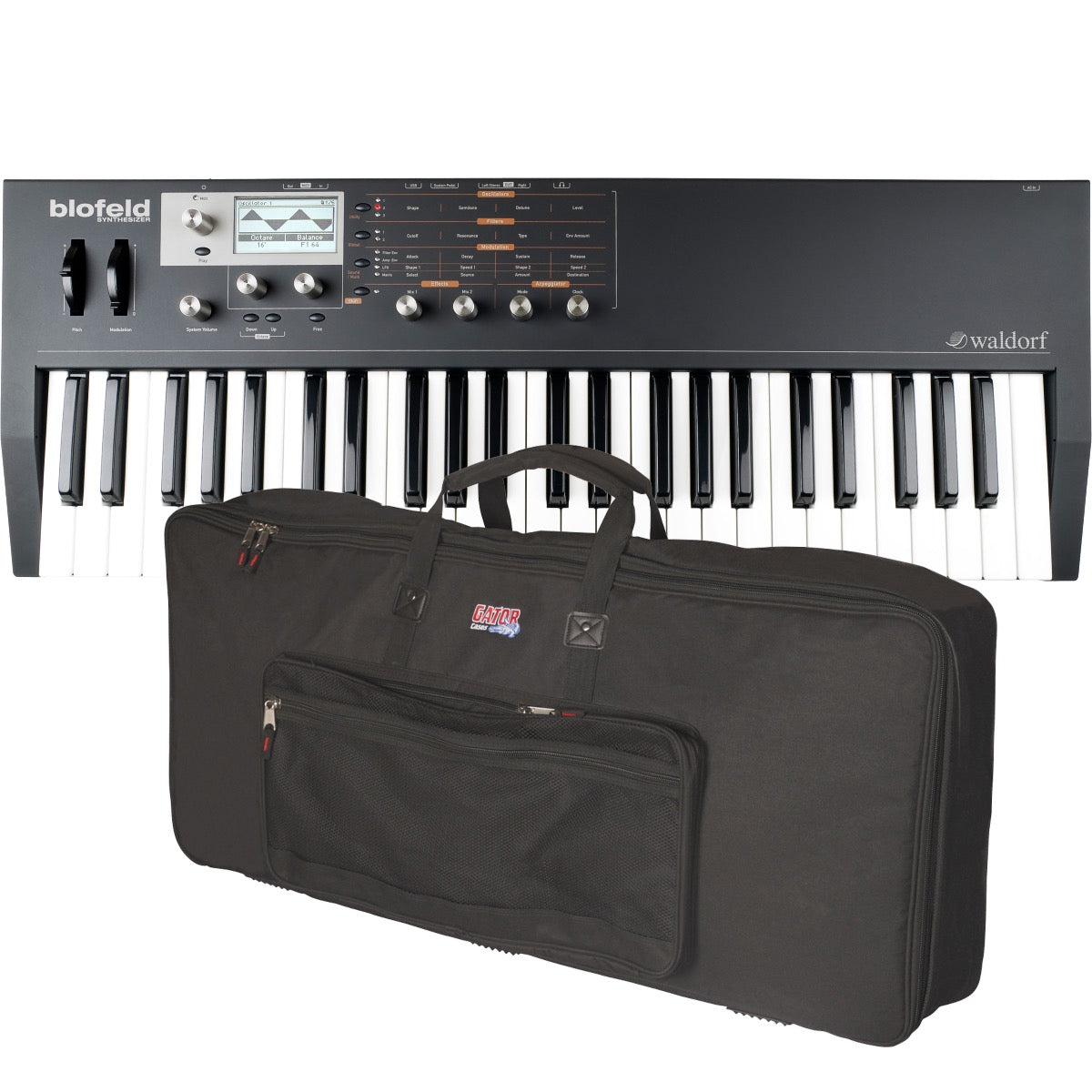 Collage showing components in Waldorf Blofeld Keyboard Synthesizer - Black / Shadow Edition CARRY BAG KIT