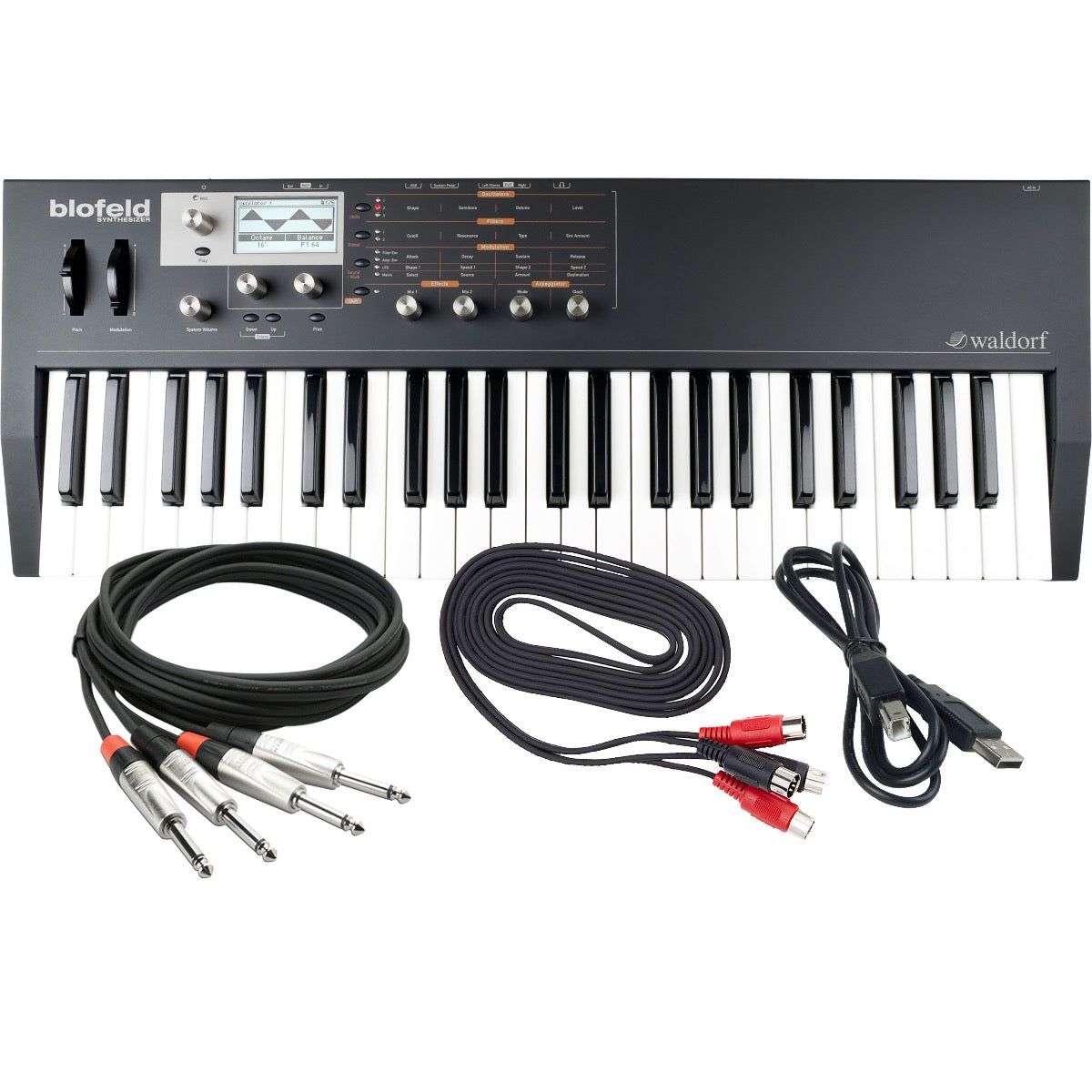 Collage showing components in Waldorf Blofeld Keyboard Synthesizer - Black / Shadow Edition CABLE KIT