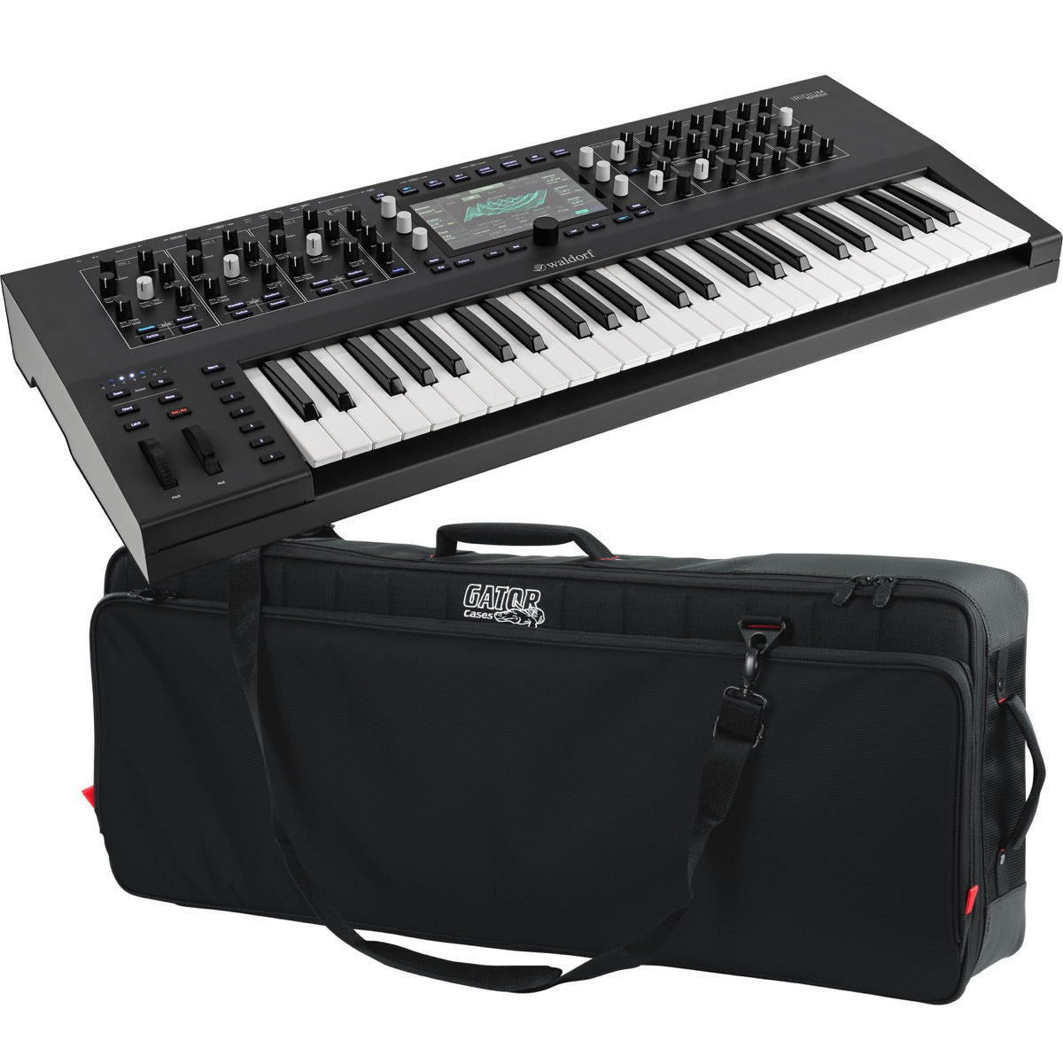 Collage showing components in Waldorf Iridium Keyboard Digital Polyphonic Synthesizer CARRY BAG KIT