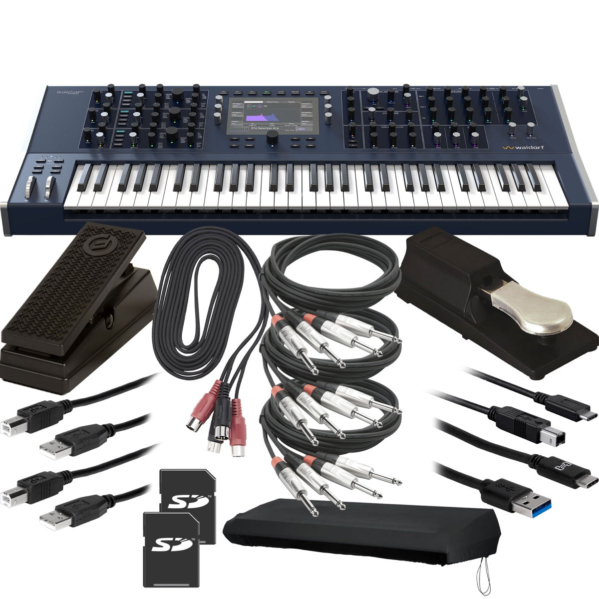 Collage showing components in Waldorf Quantum MK2 16-Voice Hybrid Synthesizer CABLE KIT