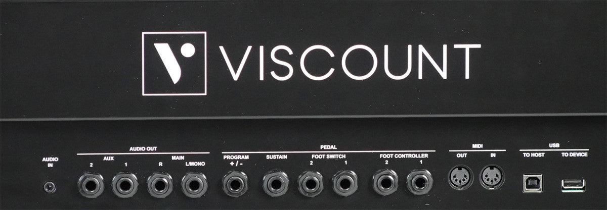 Rear panel closeup of Viscount Legend '70s Artist showing audio, data and power connections