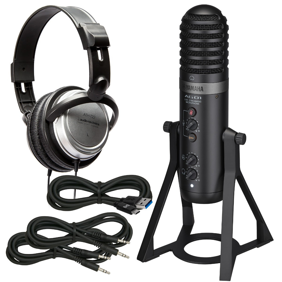 Collage of the components in the Yamaha AG01 Live Streaming USB Microphone - Black BONUS PAK bundle