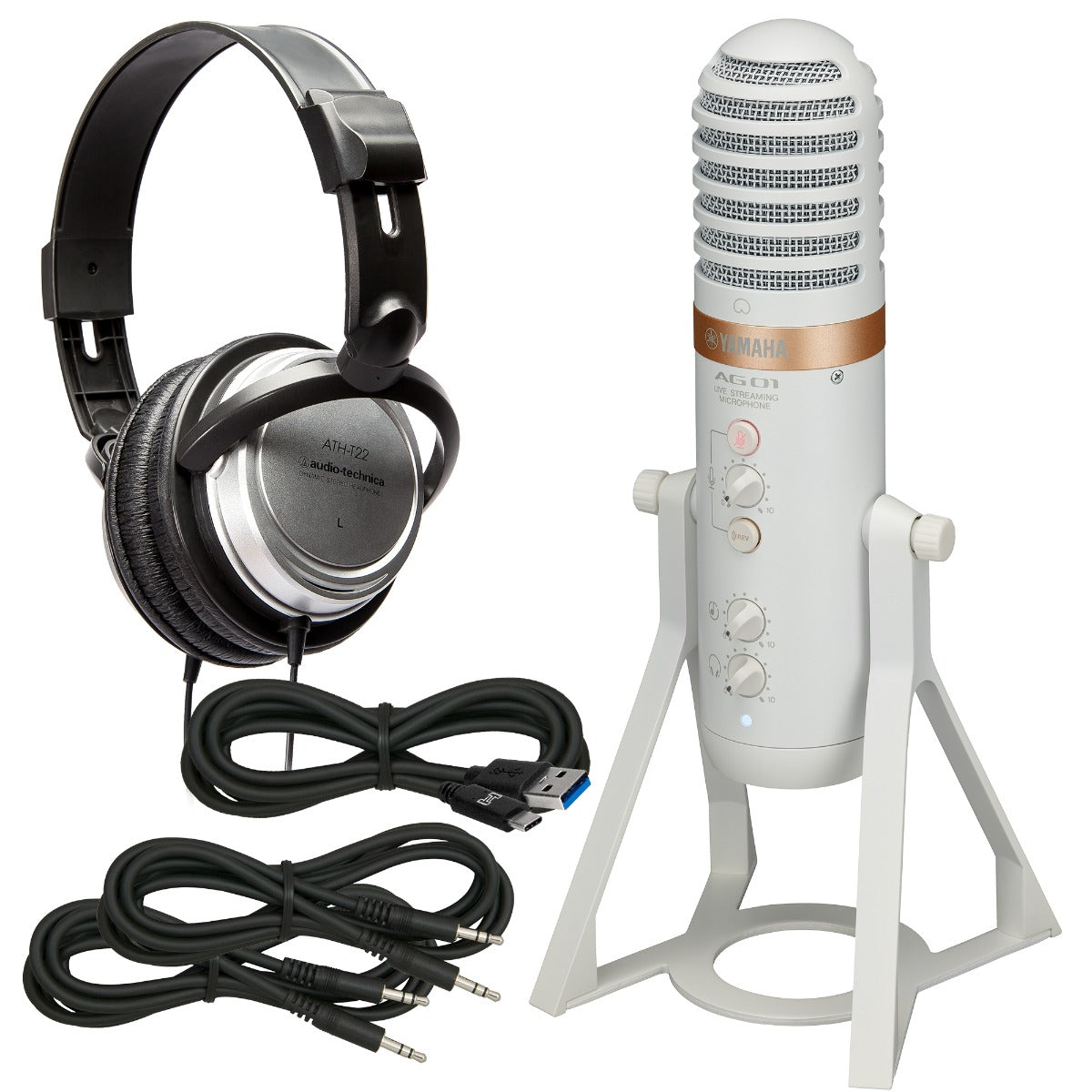 Collage of the components in the Yamaha AG01 Live Streaming USB Microphone - White BONUS PAK bundle