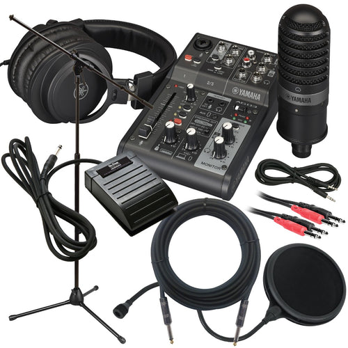 Collage of the components in the Yamaha AG03 MK2 Live Streaming Pack - Black PERFORMER KIT bundle