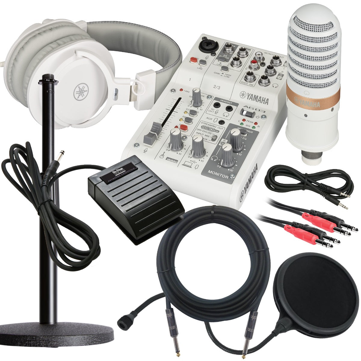 Collage of the components in the Yamaha AG03 MK2 Live Streaming Pack - White STUDIO KIT bundle