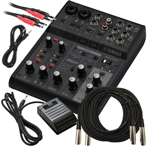Collage of the components in the Yamaha AG06 Mk2 Live Streaming Mixer and USB Audio Interface - Black CABLE KIT bundle
