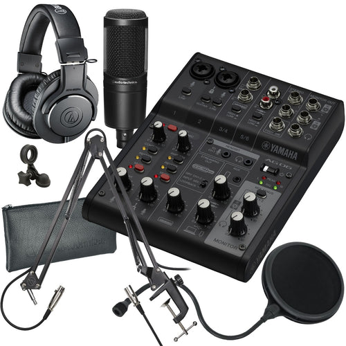 Collage of the components in the Yamaha AG06 Mk2 Live Streaming Mixer and USB Audio Interface - Black PODCASTING PAK bundle