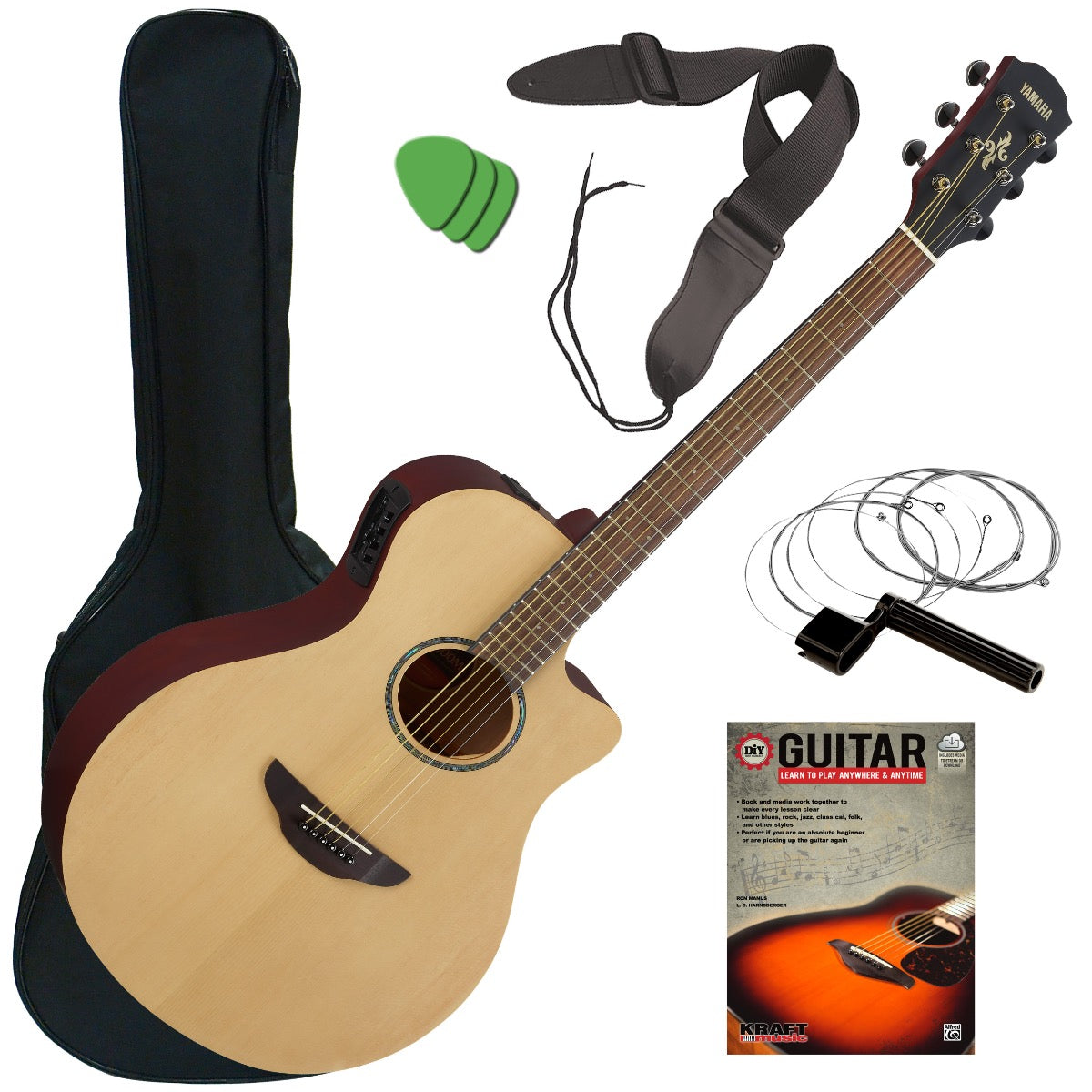 Collage image of the Yamaha APX600OVS Thinline Acoustic-Electric Guitar - Natural Satin GUITAR ESSENTIALS BUNDLE