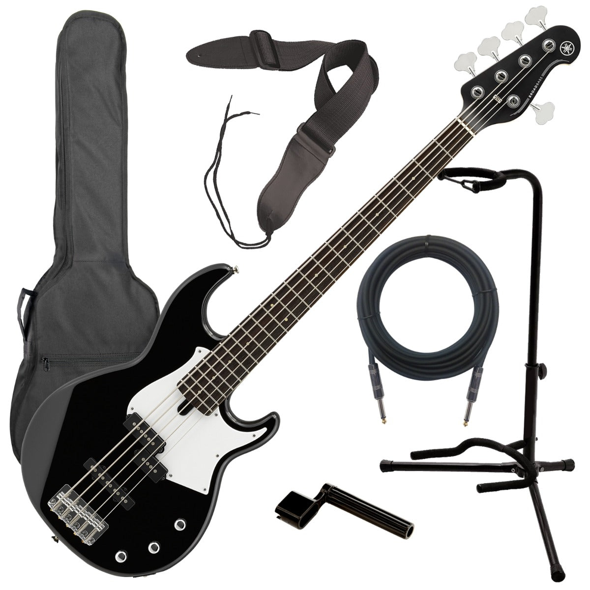 Collage image of the Yamaha BB235 5-String Bass Guitar - Black BASS ESSENTIALS BUNDLE