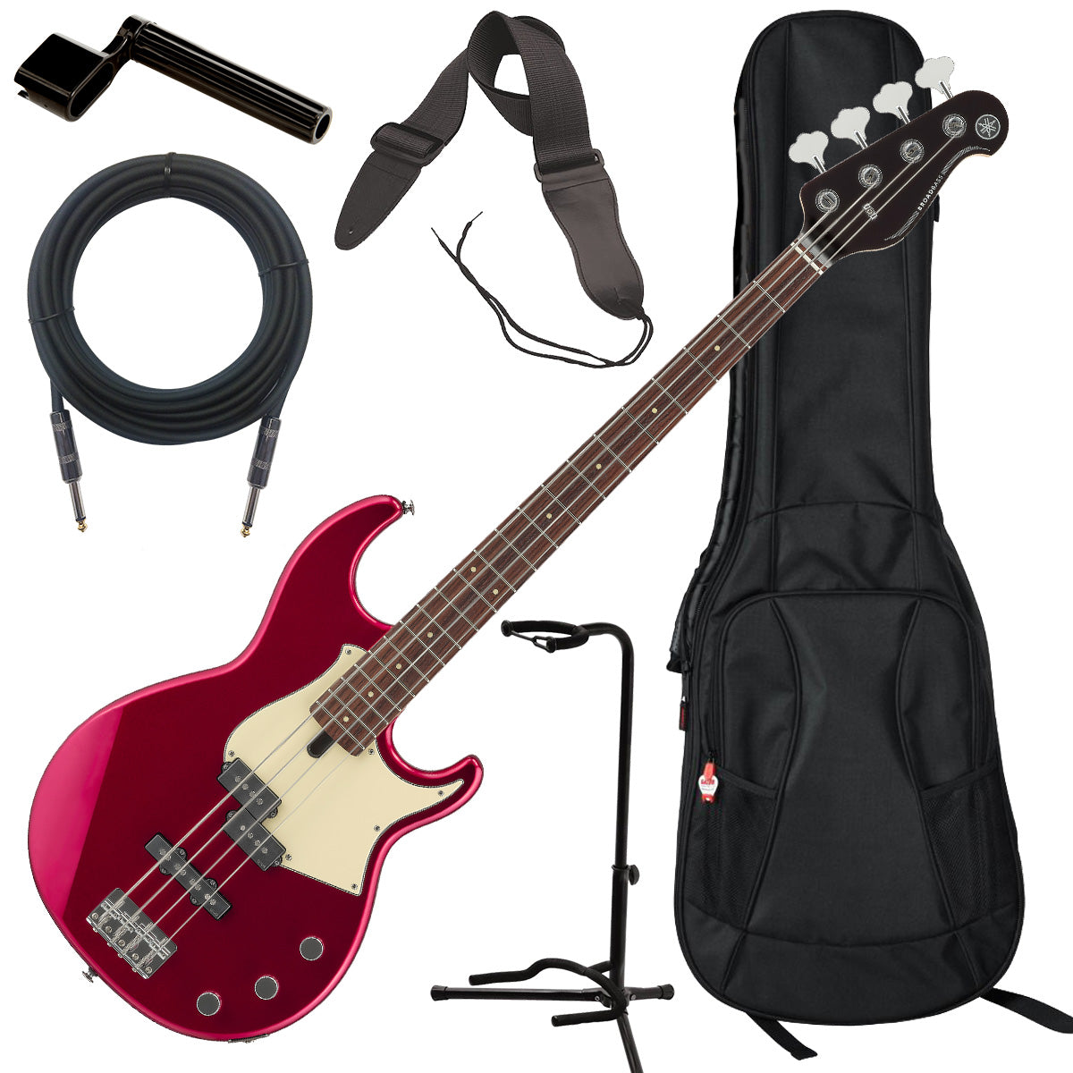 Collage image of the Yamaha BB434 Electric Bass Guitar - Red Metallic BASS ESSENTIALS BUNDLE