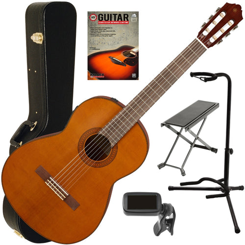 Collage of the components in the Yamaha CGX122MC Acoustic-Electric Classical Guitar COMPLETE GUITAR BUNDLE