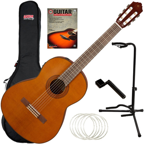 Collage of the components in the Yamaha CGX122MC Acoustic-Electric Classical Guitar GUITAR ESSENTIALS BUNDLE