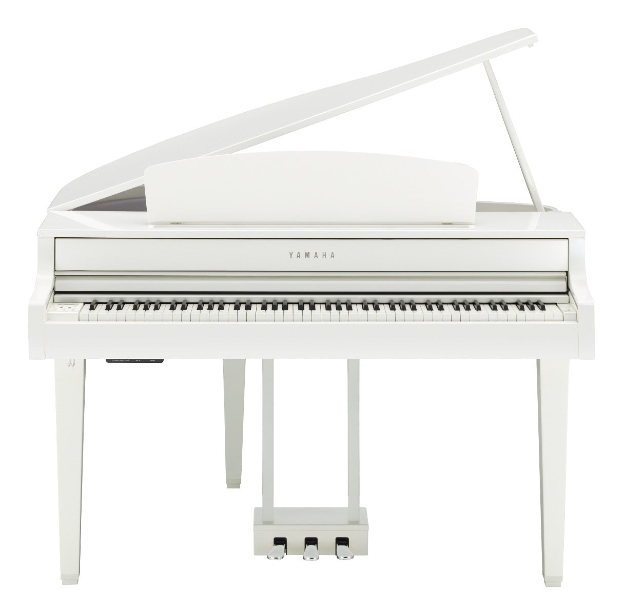 Perspective view of Yamaha Clavinova CLP-765GP Digital Piano - Polished White showing front and top