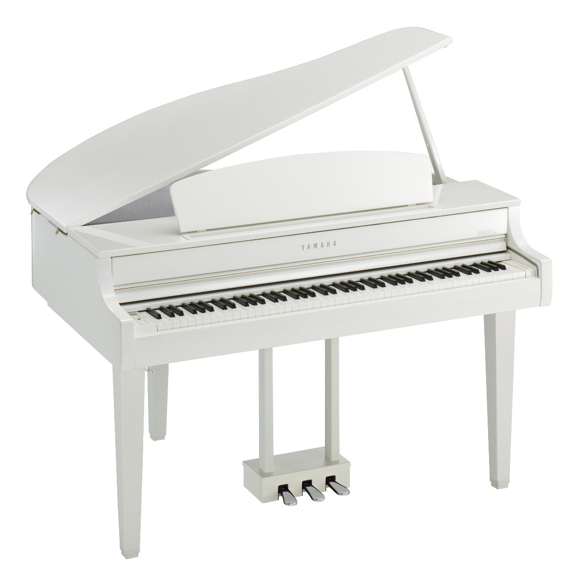 3/4 view of Yamaha Clavinova CLP-765GP Digital Piano - Polished White showing front, top and left side