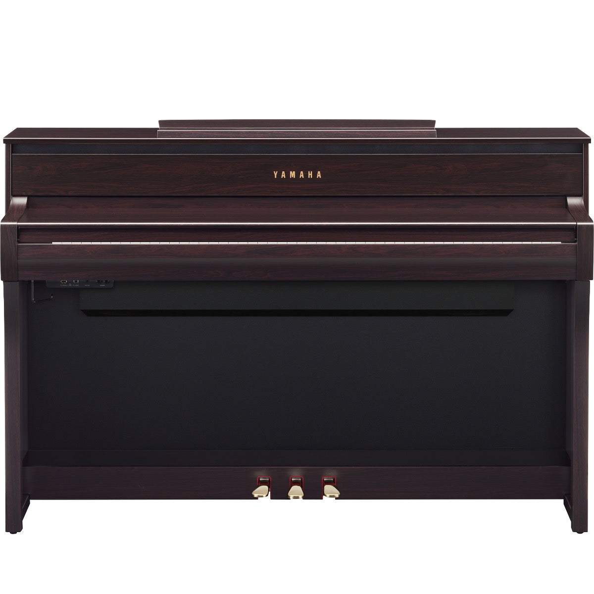 Perspective view of Yamaha Clavinova CLP-775 Digital Piano - Rosewood with key cover closed and music rest down showing front and top
