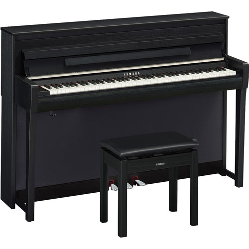3/4 view of Yamaha Clavinova CLP-785 Digital Piano - Matte Black with bench showing front, top and left side