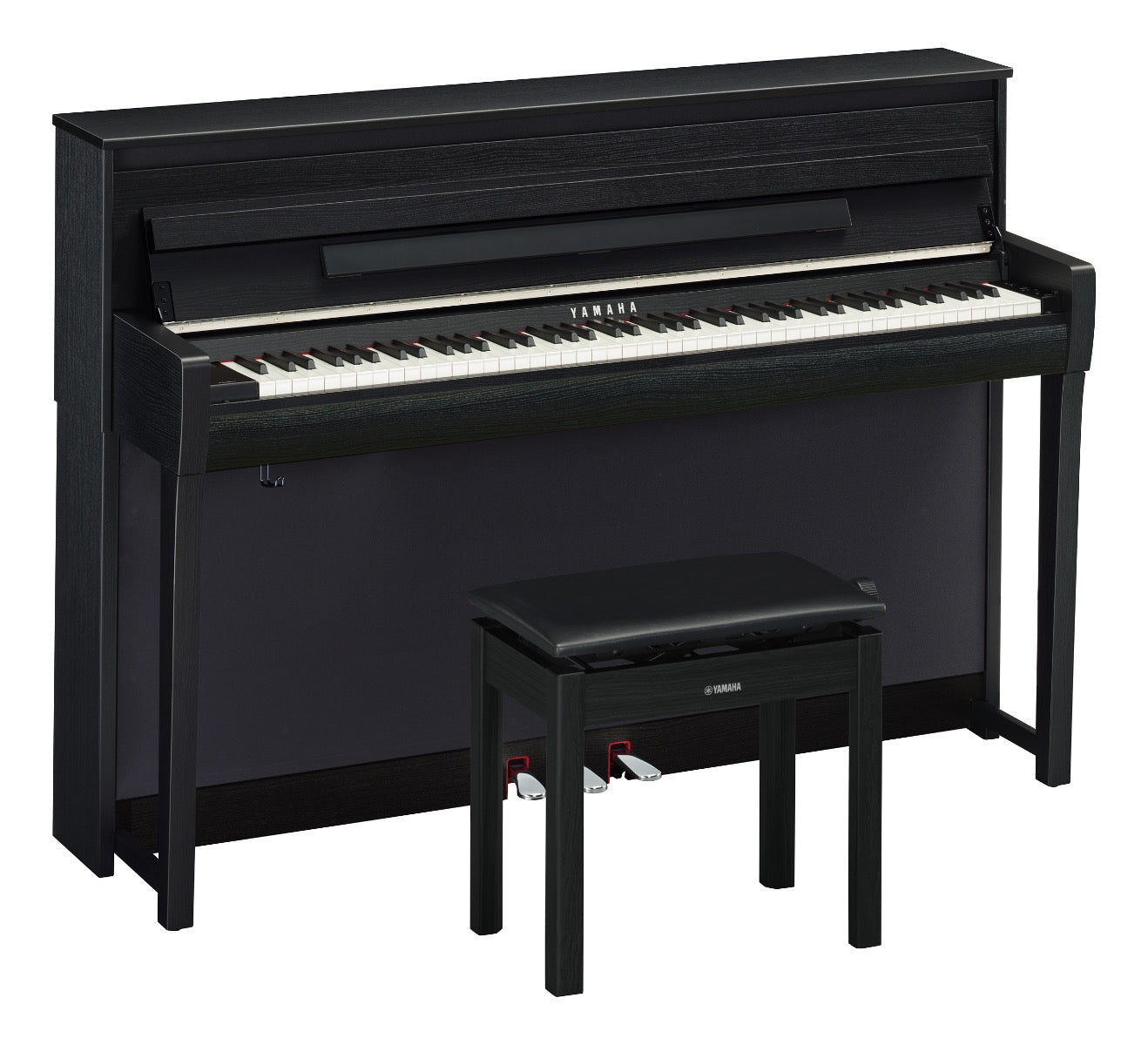 3/4 view of Yamaha Clavinova CLP-785 Digital Piano - Matte Black with bench showing front, top and left side
