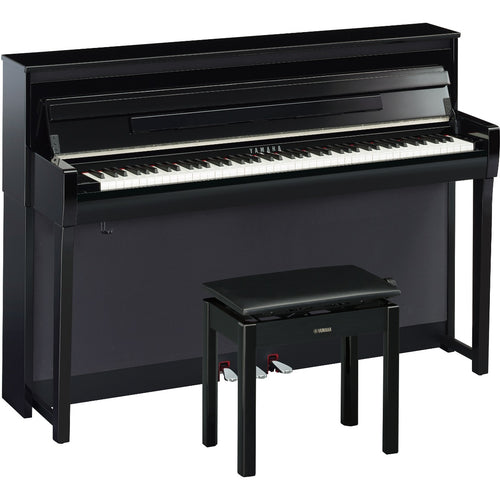 3/4 view of Yamaha Clavinova CLP-785 Digital Piano - Polished Ebony with bench showing front, top and left side