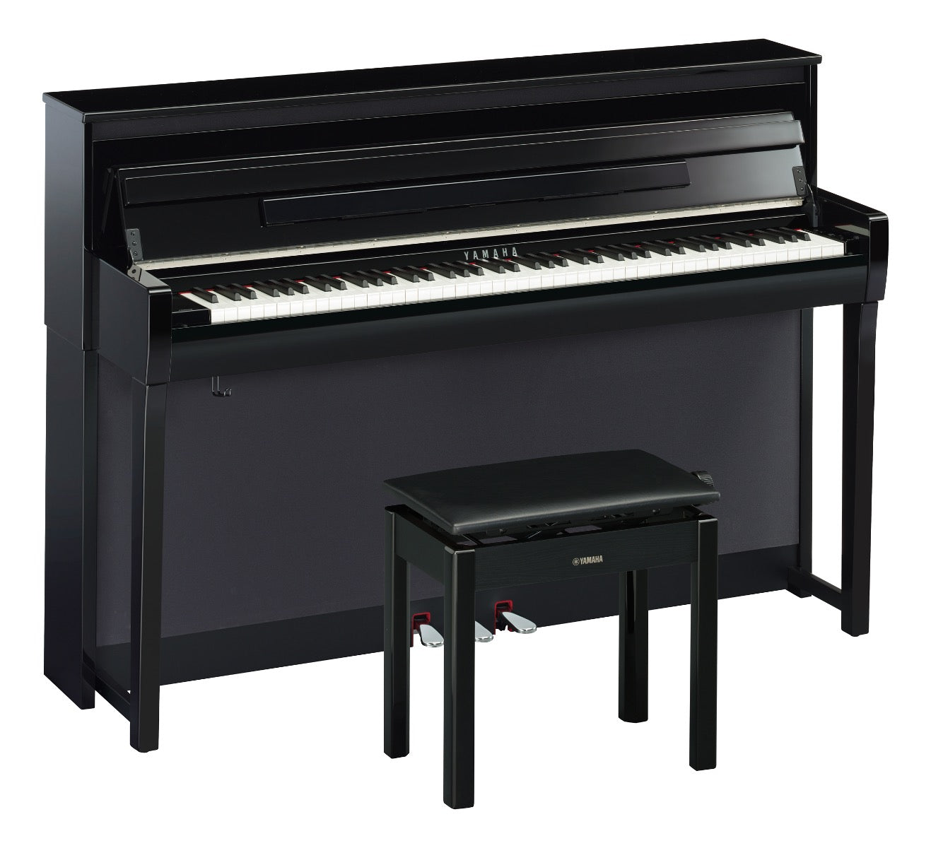 3/4 view of Yamaha Clavinova CLP-785 Digital Piano - Polished Ebony with bench showing front, top and left side