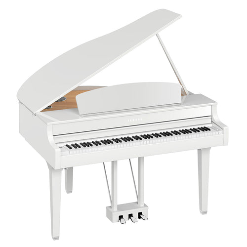 3/4 view of Yamaha Clavinova CLP-795GP Digital Piano - Polished White showing front, top and left side