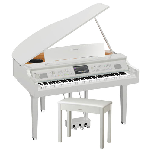 Yamaha Clavinova CVP-809GP Digital Piano - Polished White - Right angle with bench