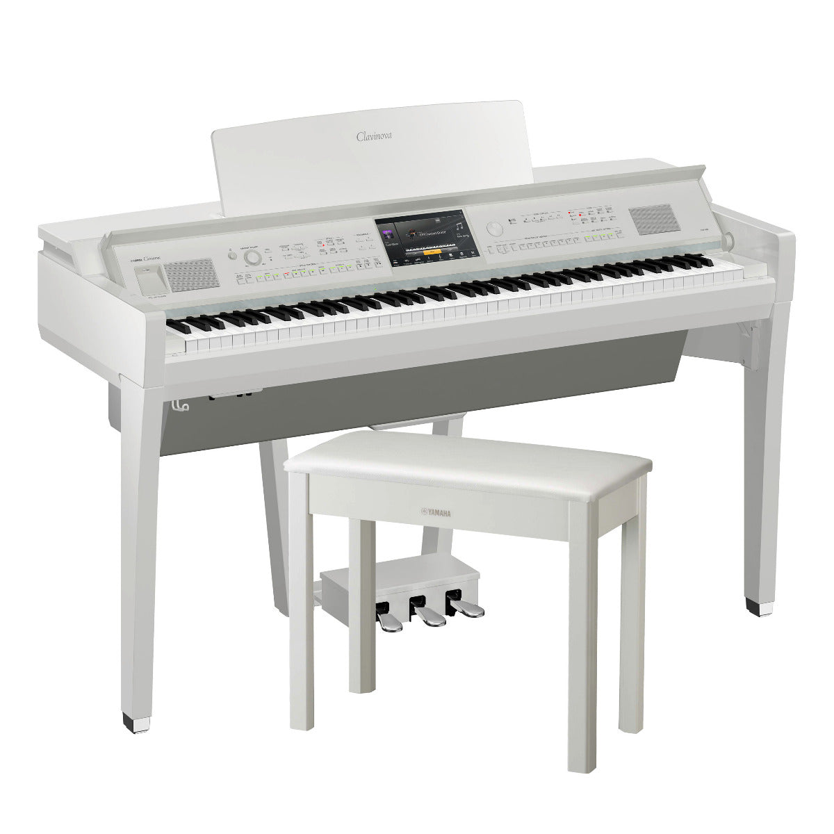 Yamaha Clavinova CVP-809 Digital Piano - Polished White - Right angle with bench