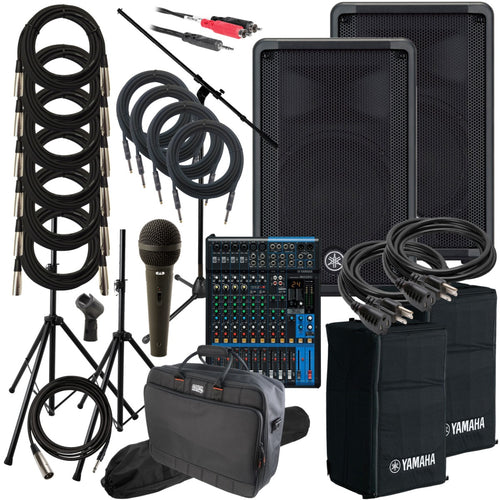 Collage of the components in the Yamaha DBR10 Powered PA Speaker COMPLETE AUDIO BUNDLE