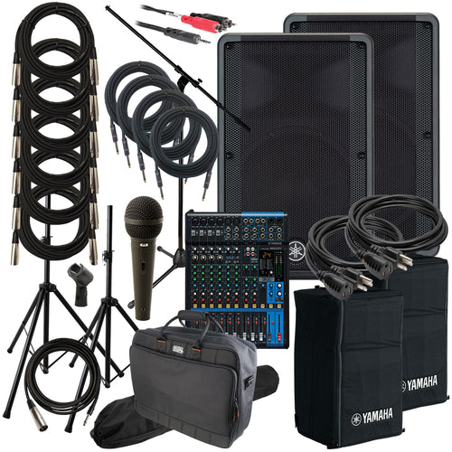 Collage of the components of the Yamaha DBR12 Powered PA Speaker COMPLETE AUDIO BUNDLE