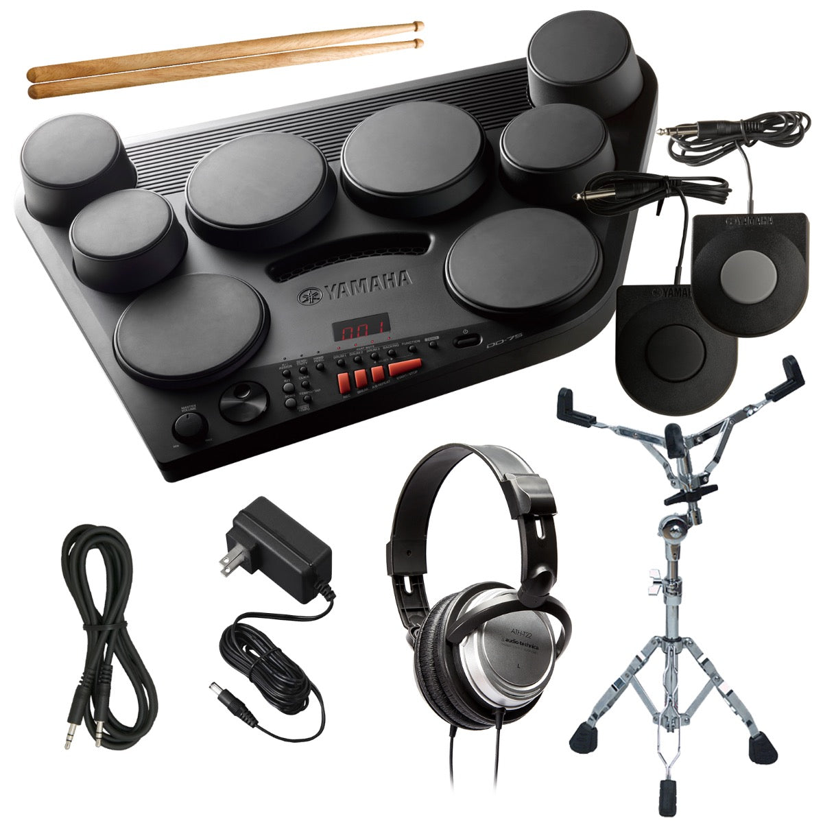 Collage of everything included with the Yamaha DD-75 Digital Drum Kit with Power Adapter DRUM ESSENTIALS BUNDLE