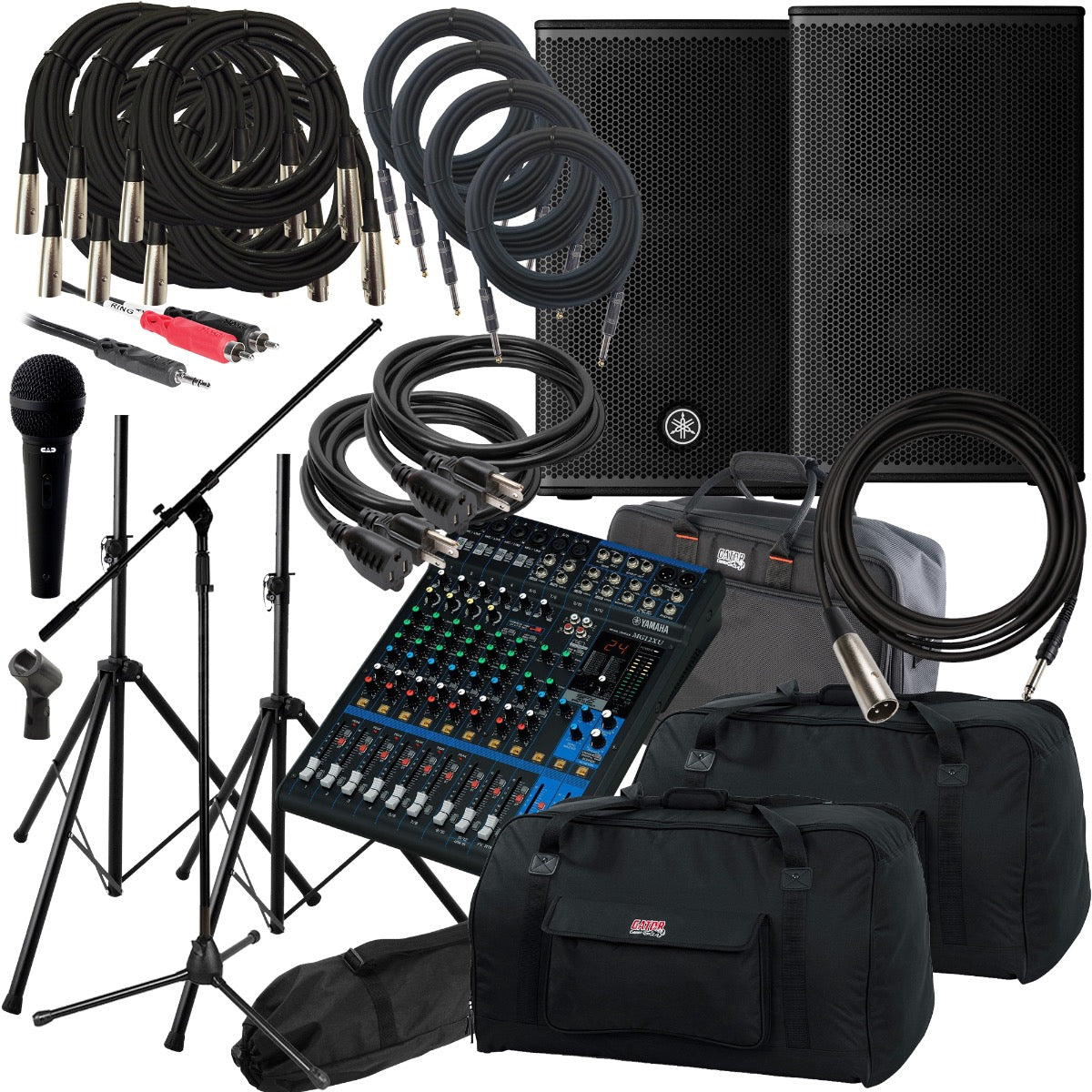 Collage of everything that is included in the Yamaha DHR10 10" 2-Way Powered Loudspeaker COMPLETE AUDIO BUNDLE