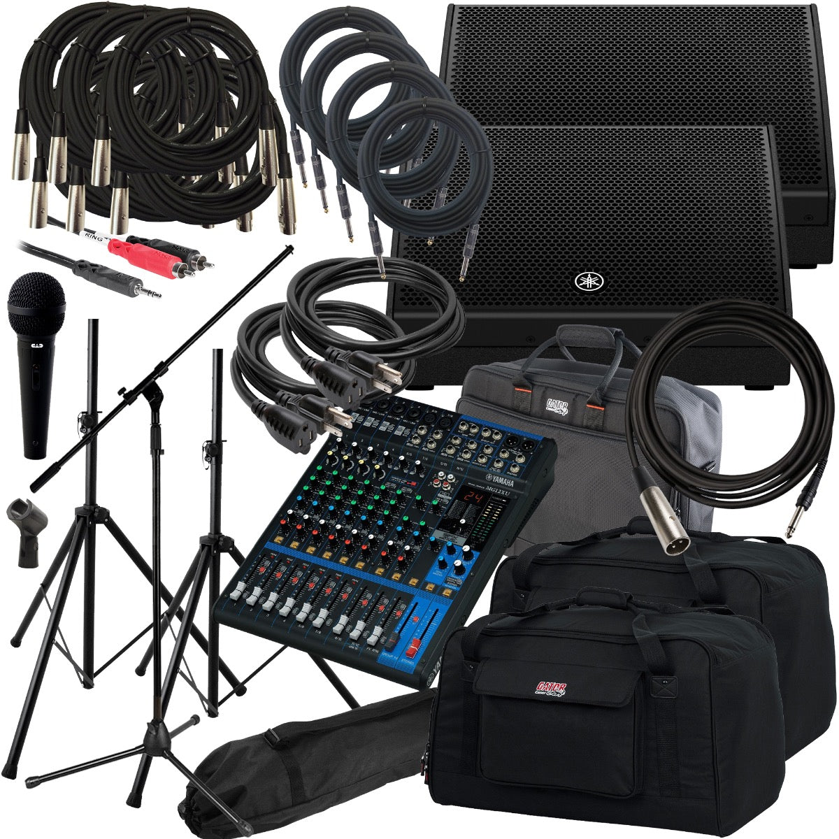 Collage of everything that is included in the Yamaha DHR12M 12" 2-Way Powered Loudspeaker COMPLETE AUDIO BUNDLE
