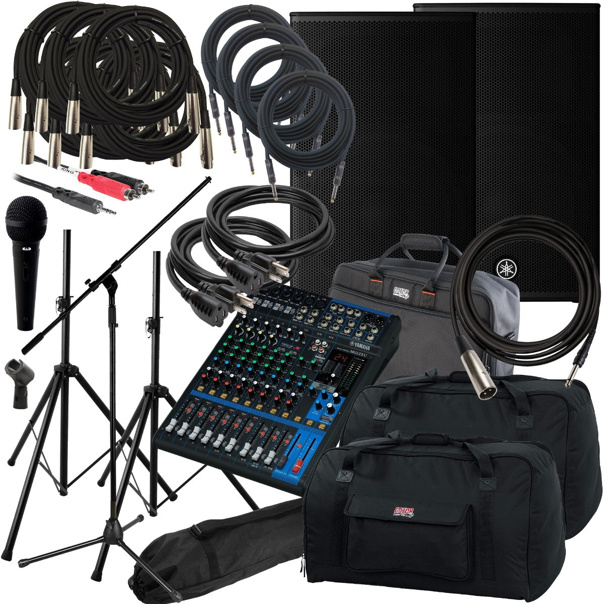 Collage of everything included in the Yamaha DHR15 15" 2-Way Powered Loudspeaker COMPLETE AUDIO BUNDLE