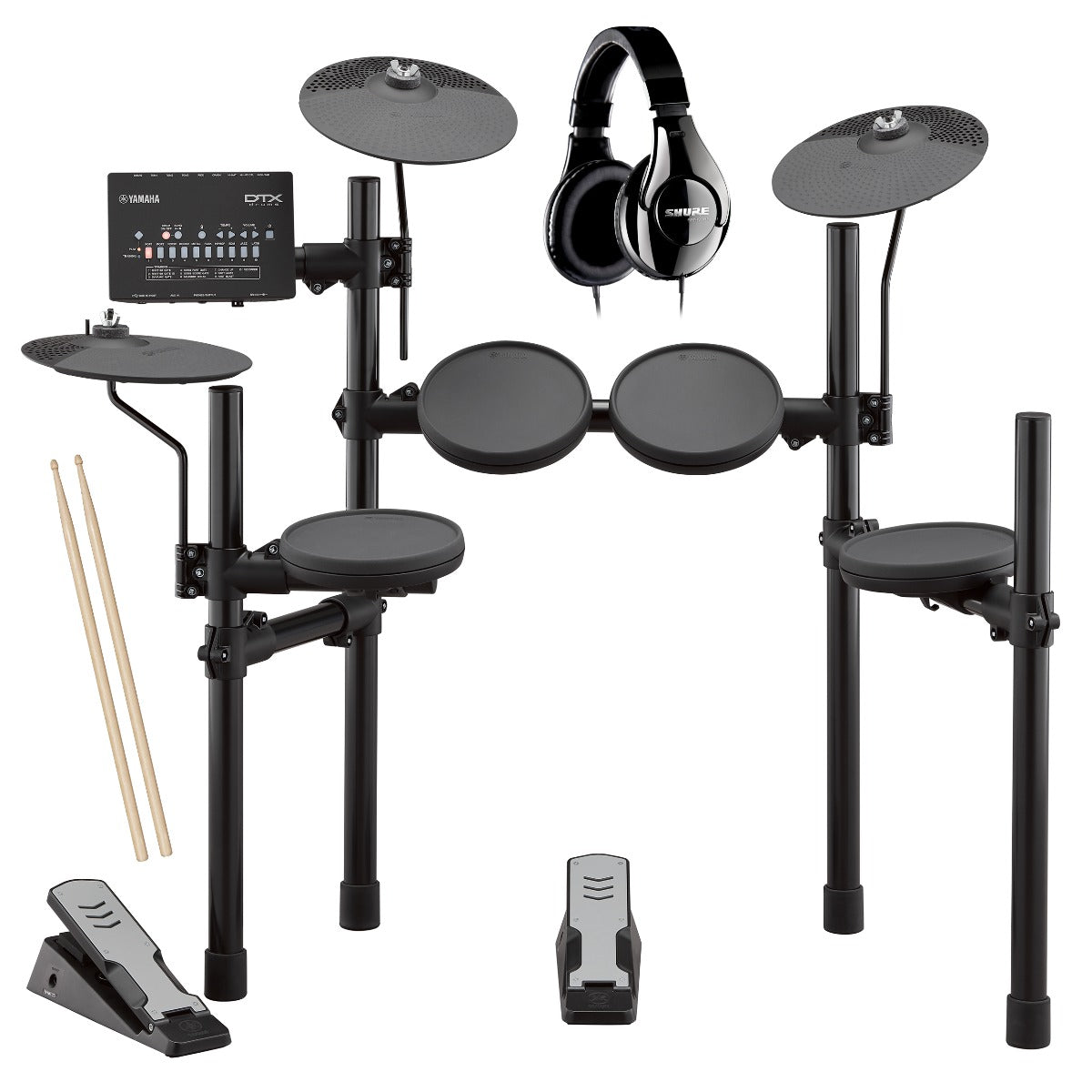 Collage image of the Yamaha DTX402K Electronic Drum Set BONUS PAK